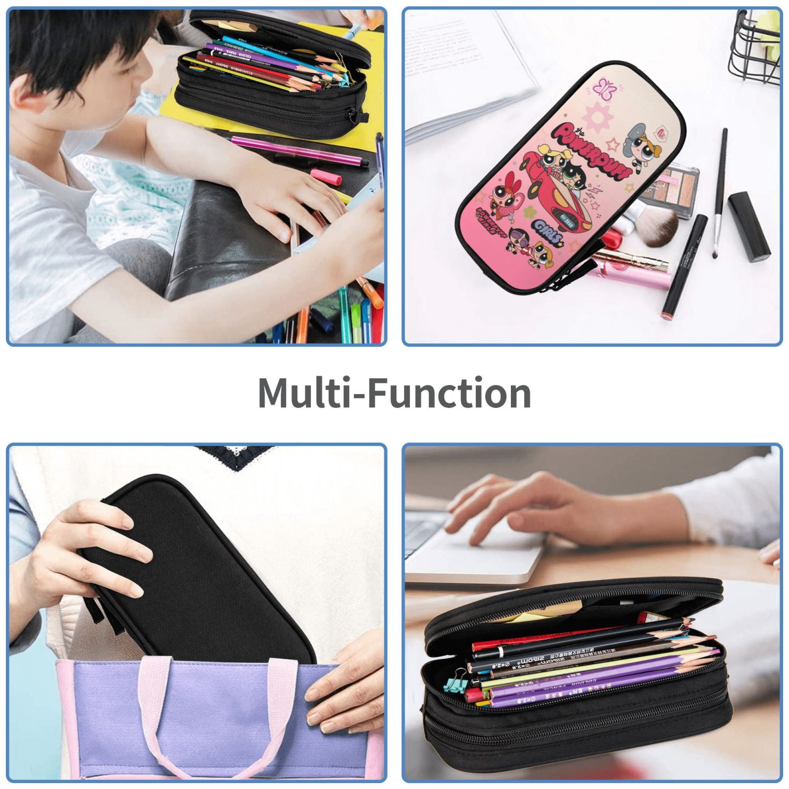The Powerpuff Gi-rls Pencil Case Large Capacity Pencil Pouch Penbag Office Stationery Organizer Travel Makeup Bag Black