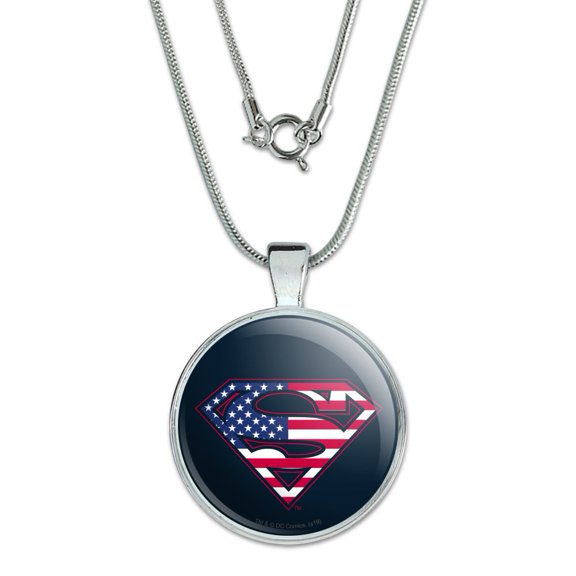 Superman USA American Flag Shield Logo 1" Pendant with Sterling Silver Plated Chain