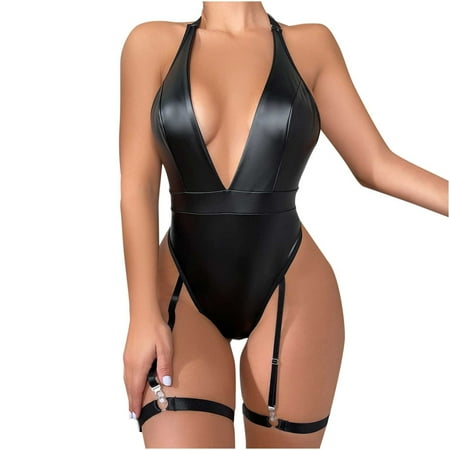 

Mikilon Sexy Women Lingerie Leather Deep-V Halter Temptation Babydoll Underwear Underpants Sleepwear Suit on Clearance