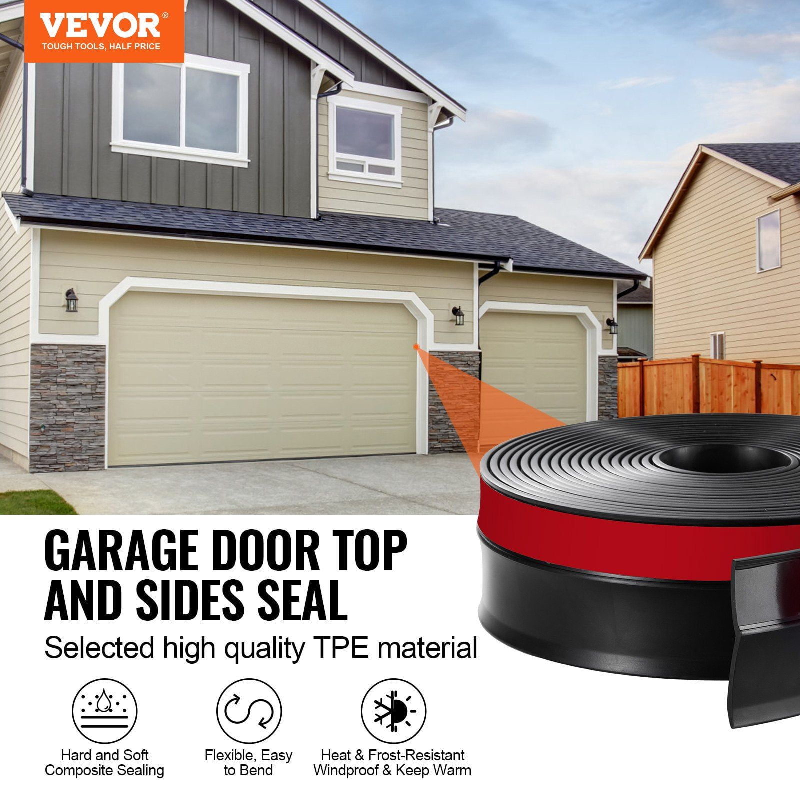 Universal Garage Door Seal Strip 20 FT Weatherproof TPE Composite with Adhesive and Screws Black