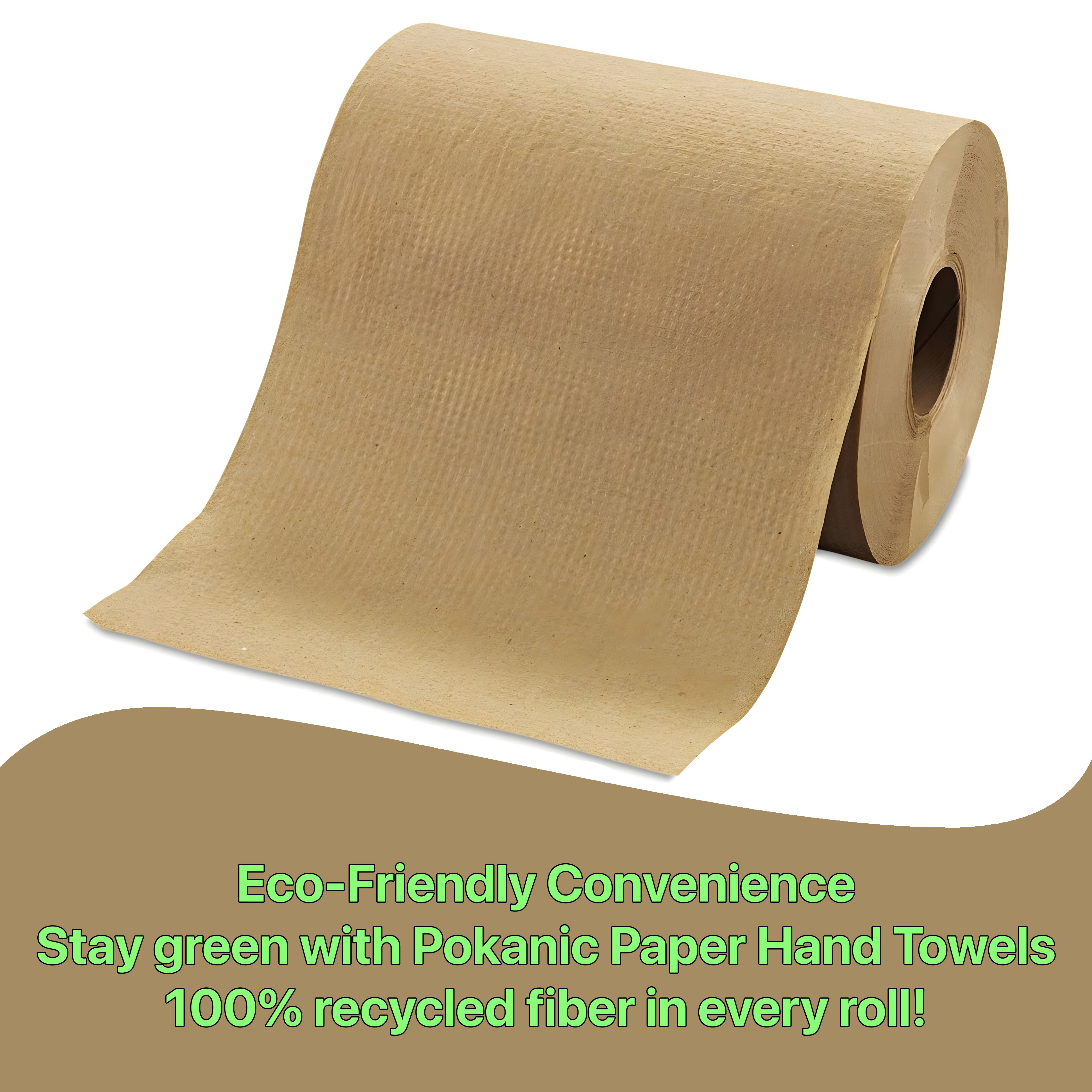 Pokanic Paper Hand Towels, 6 Rolls, Natural Brown, 8 Inch x 350 ft, 1-Ply, 100% Recycled Fiber, Tork Compatible
