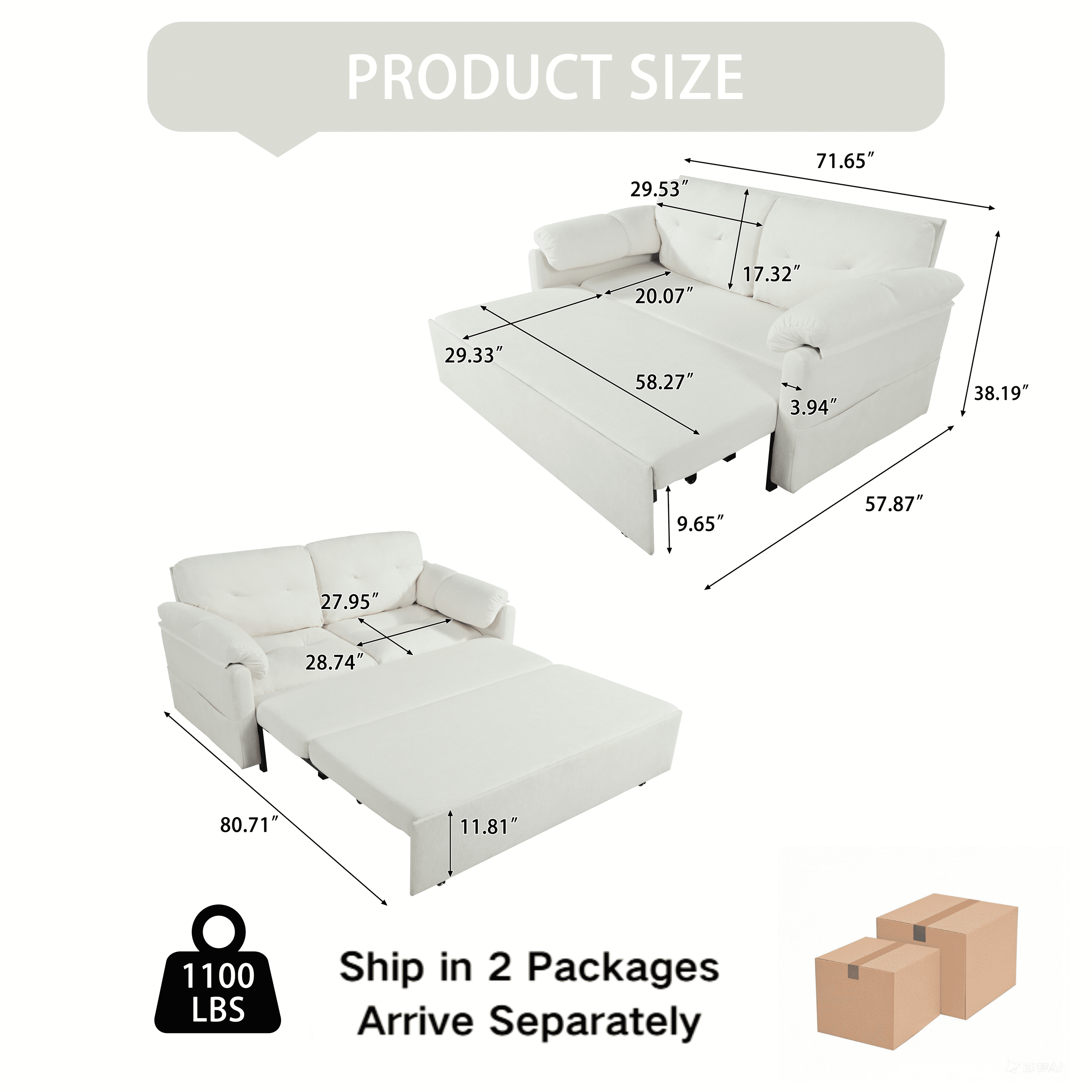 72" Chenille Fabric Sleeper Loveseat Couch, Pull-Out Couch Bed with Silent Casters, Convertible Loveseat Sofa Bed with Side Storage for Living Rooms, Studios, Beige