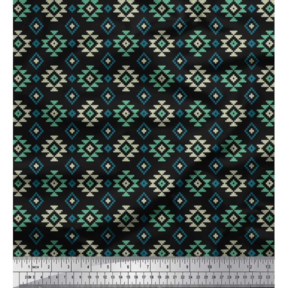 Soimoi Black Rayon Fabric Geometric Ikat Printed Fabric 1 Yard 56 Inch Wide