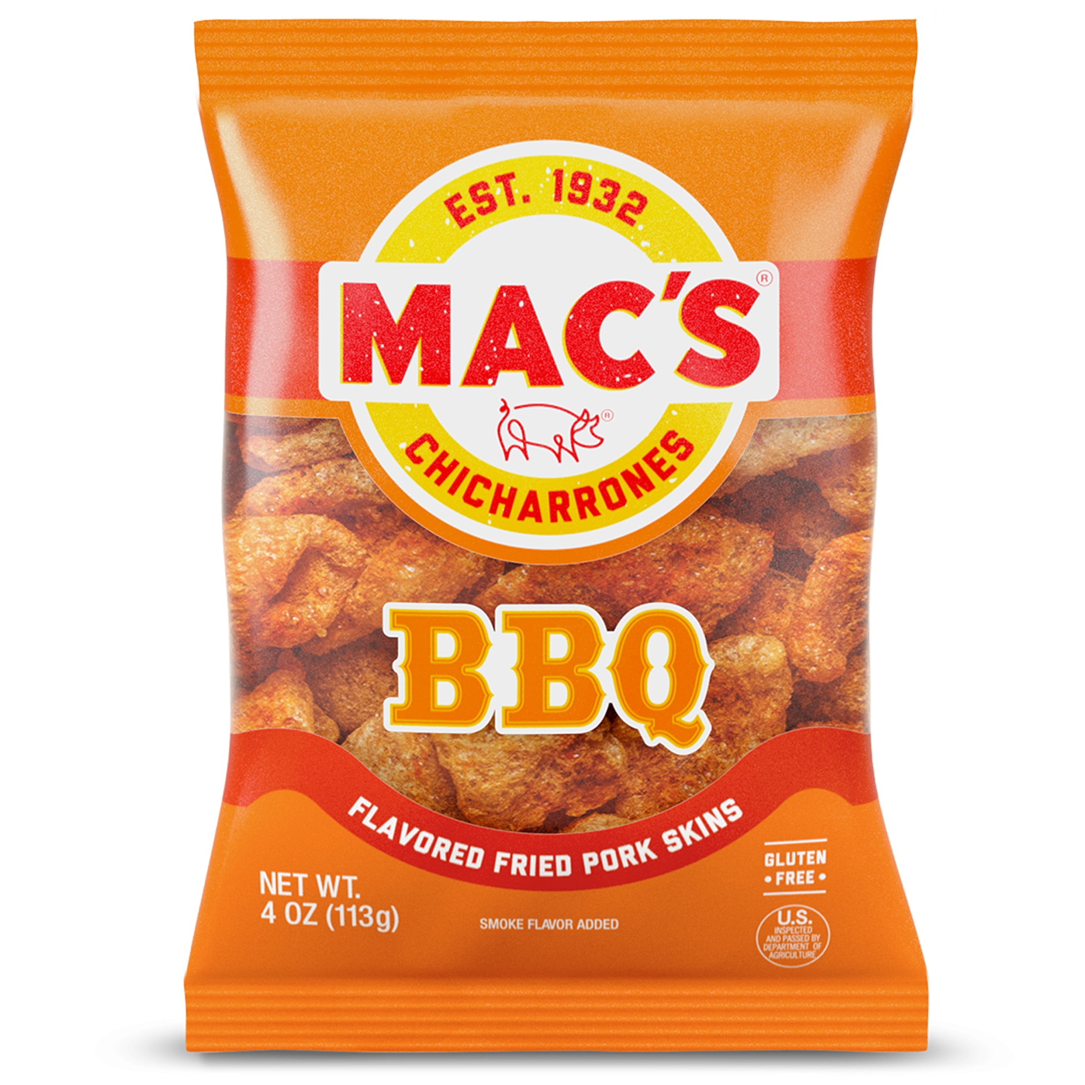 (4 pack) Mac's BBQ Chicharrones Pork Rinds, Pork Skins, 4 oz Bag