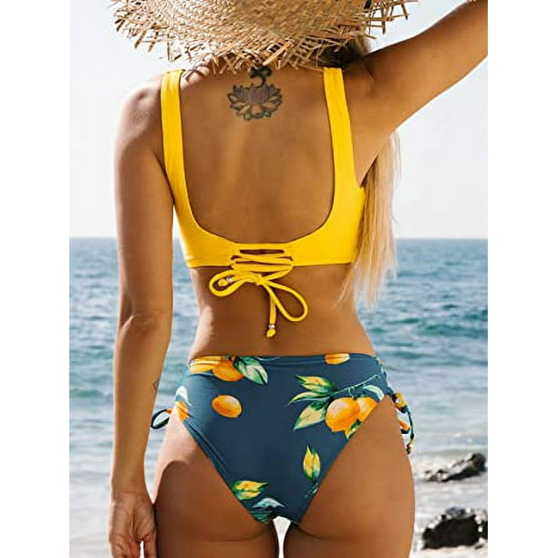 Conjunto de bikini fruncido y retorcido para mujer Traje de bano de 2 piezas con estampado floral con cordones JM Walmart en linea