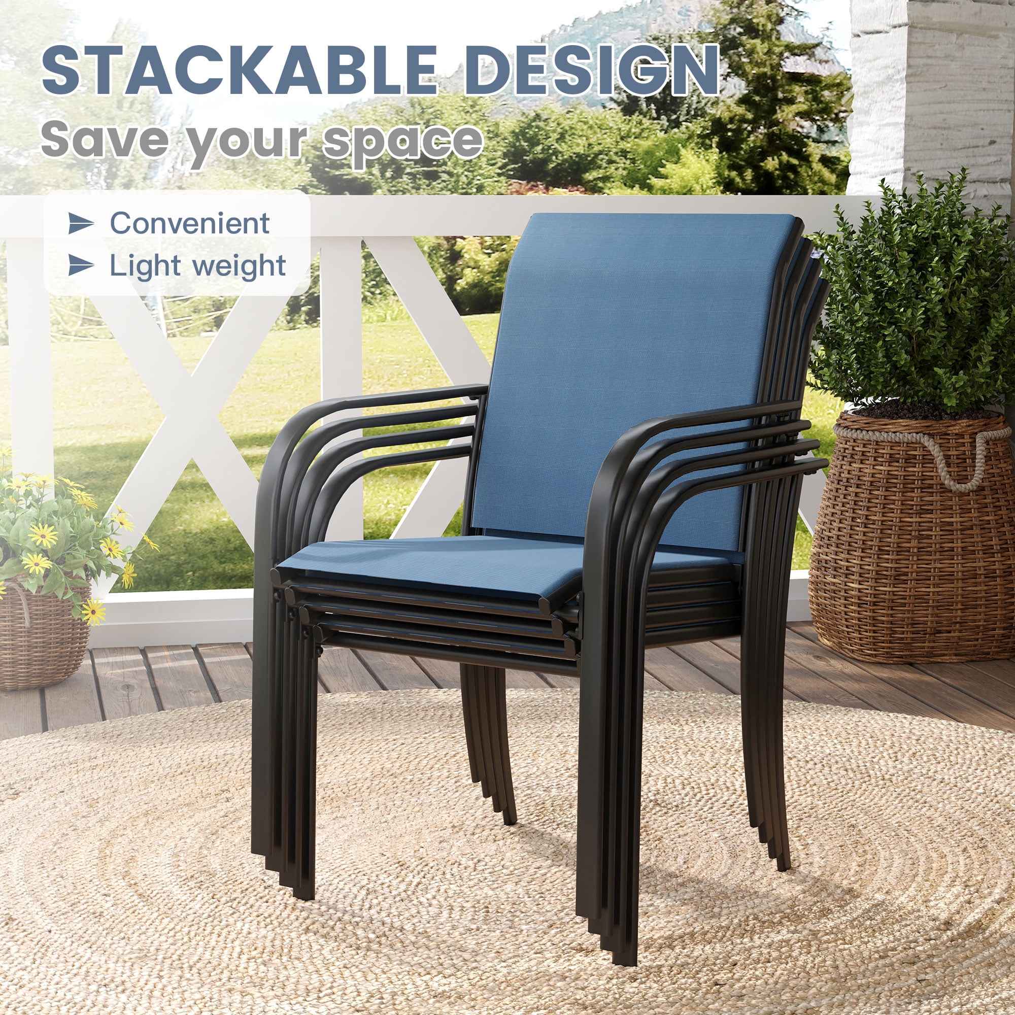 Vicllax Outdoor Dining Chair Patio Chairs Stacking Metal Modern for Deck Garden, Set of 4, Blue
