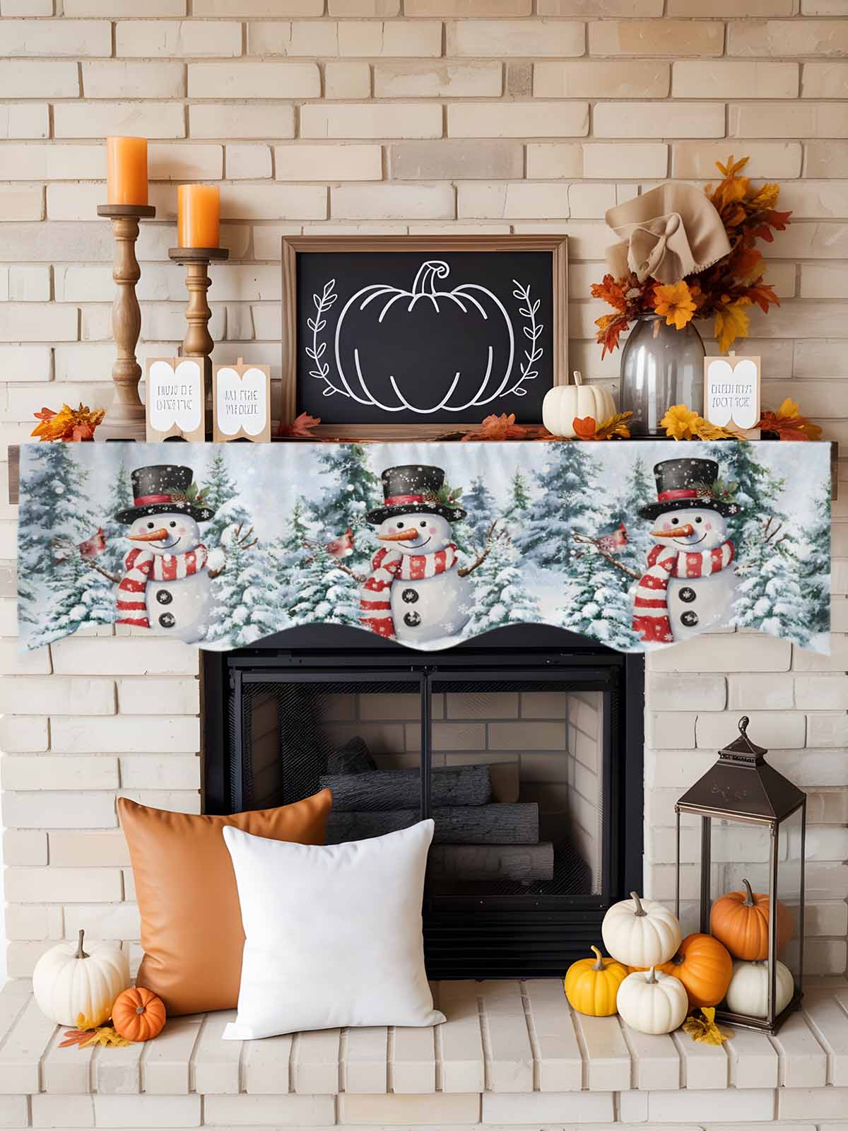 Christmas Red Snowman Fireplace Mantle Scarf Winter Snow Scene Pine Tree Forest Bird Mantel Cover Runner Fireplace Cloth for Holiday Party Home Living Room Decor 60 x 17 Inch