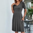 thumbnail image 4 of LEEYNEER Summer Dresses for Women 2022  Women‘s Beach Casual Dresses V-Neck Short Sleeve Pocket Solid Pomegranate Pleated Everyday Dress  Plus Size Holiday Dresses Mini Sundresses Gray S, 4 of 6
