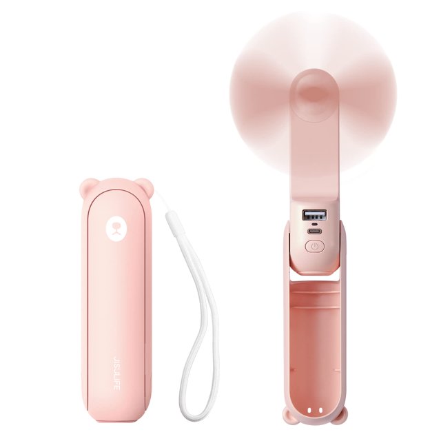 Ventilador de mano 3 en 1, pequeño ventilador de bolsillo recargable por USB, ventilador a batería 14-21 horas de funcionamiento con banco de energía, función de linterna, para exteriores, rosa, 1