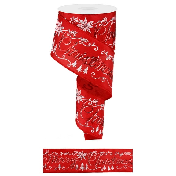2.5" Merry Christmas Ribbon: Red/Holly (10 Yards) Christmas Wired Edge Ribbon RX418124