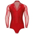 thumbnail image 2 of Mens Latin Ballroom Dance Leotard Costume Lapel Collar Sheer Mesh Patchwork Long Sleeve Sparkly Rhinestone Bodysuit, 2 of 6