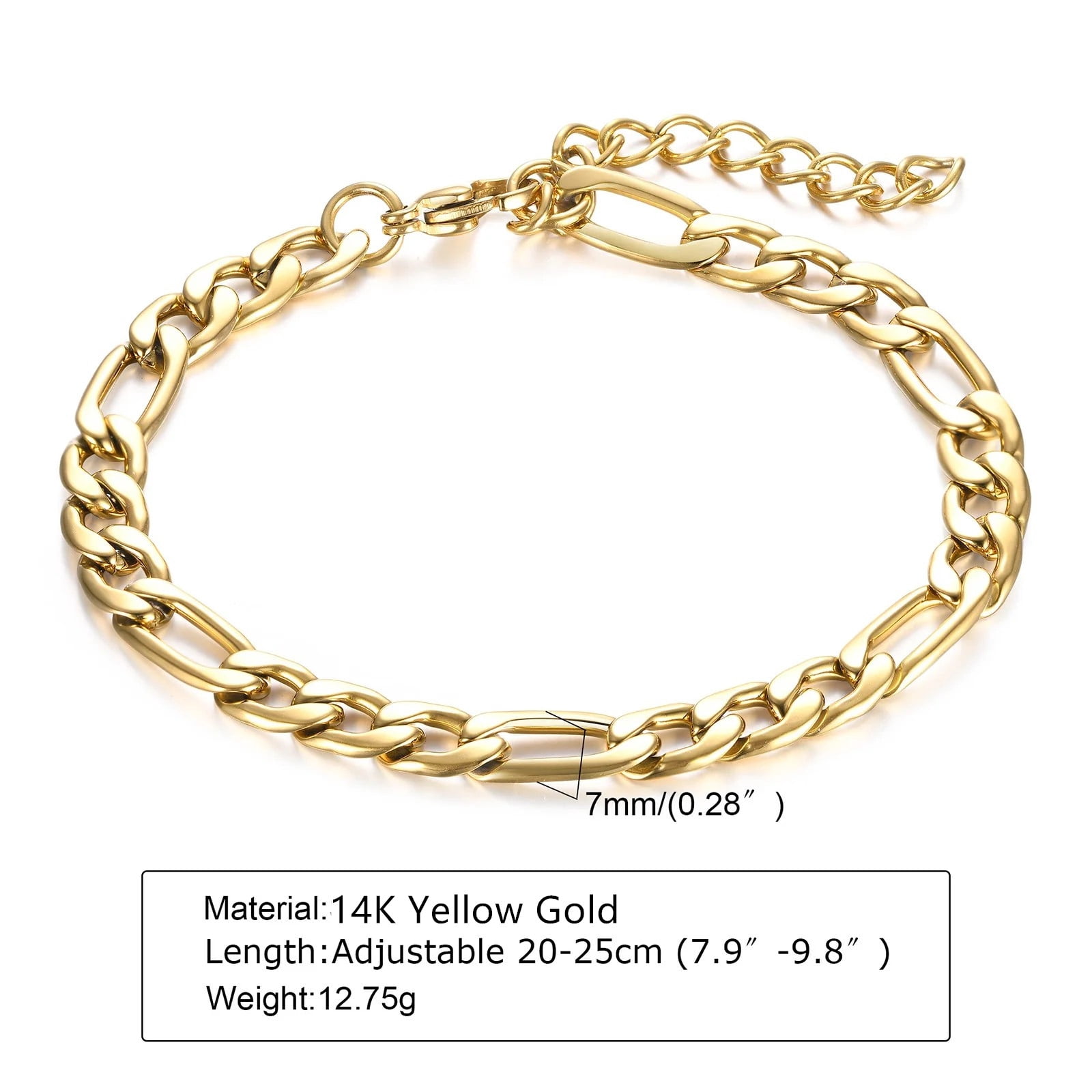 7MM Figaro Chain Bracelets for Men Women,Simple Punk 14K Yellow Gold Link Wristband Jewelry Gift,Length Adjustable