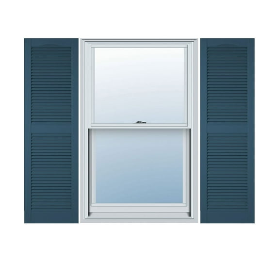 14 1/2"W x 75"H Lifetime Vinyl, Custom Cathedral Top Center Mullion, Open Louver Shutters, w/Shutter-Loks (Per Pair), Classic Blue