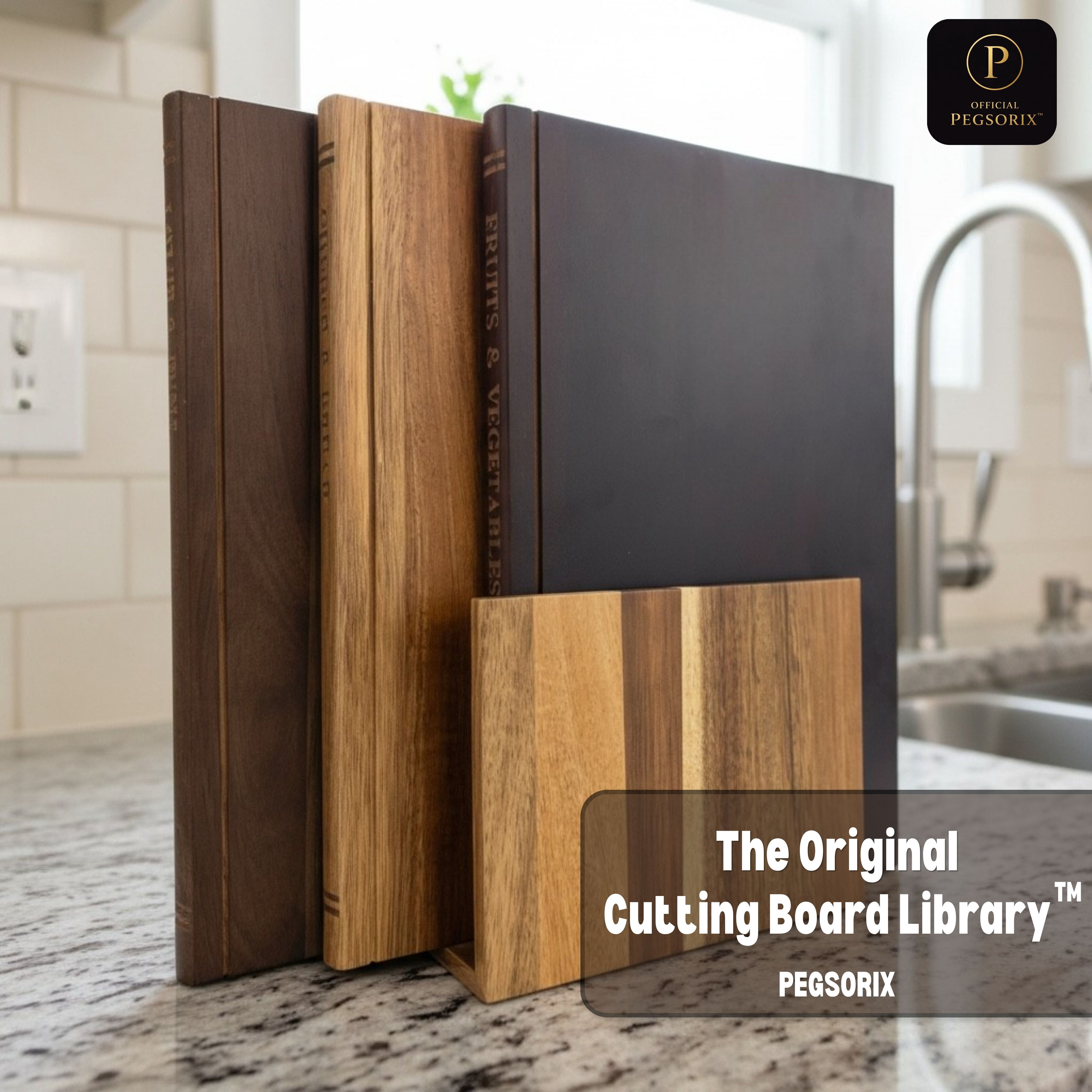 The Cutting Board Library | 100% Acacia Wood | Set of 3 Decorative and Functional Cutting Boards with Wooden Stand | Fruits, Vegetables, Meat, Fish, Cheese and Bread | Statement Piece for Countertop