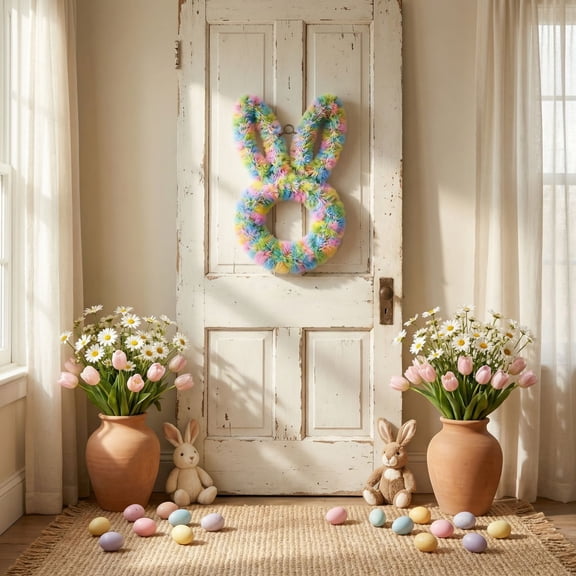Easter Bunny Wreaths for Front Door, 10.8 Inch Easter Tinsel Bunny Wreath Easter Rabbit Ears Wreath Decoration for Farmhouse Home Indoor Outdoor Window Wall Spring Party Decor