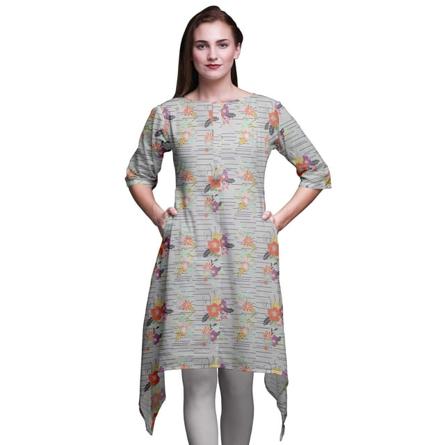 Bimba Hauts Gris à Feuilles de Chêne et à Imprimé Floral pour Femmes Kurti Asymétrique Robe d'Été pour Filles XSmall