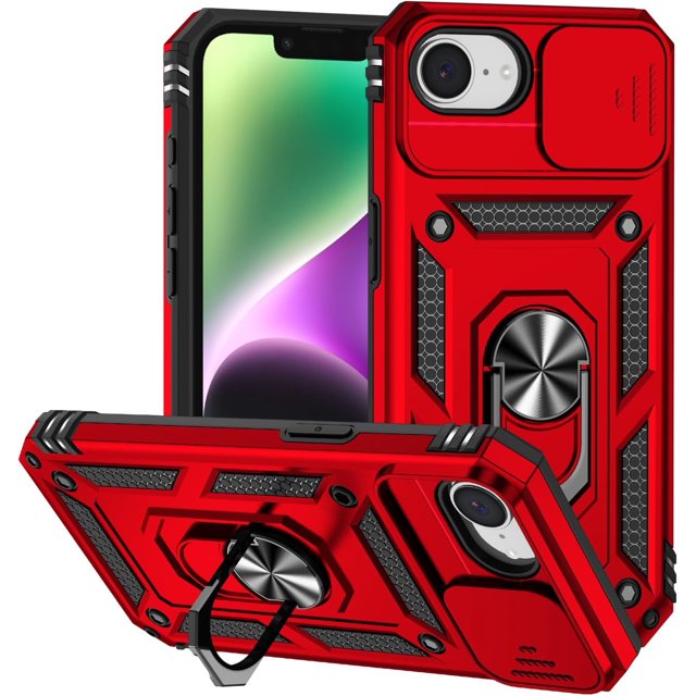 KOMI Heavy Duty Magnetic Case for iPhone 16e (2025) - Rugged Military-Grade Protection with Slide Camera Cover, Ring Holder, and Kickstand, Silicone & PC Hybrid Cover (Red)