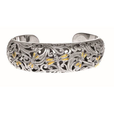 Dragonfly Cuff Bracelet - Sterling Silver 18k Yellow Gold Oxidized 0.59ct. Diamond Dragonfly Wider Cuff Bangle Bracelet