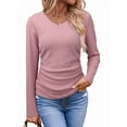 thumbnail image 3 of Womens Tops Casual V Neck Long Sleeve Shirts Solid Ruched Basic Tunics Blouses Pink XXL, 3 of 7