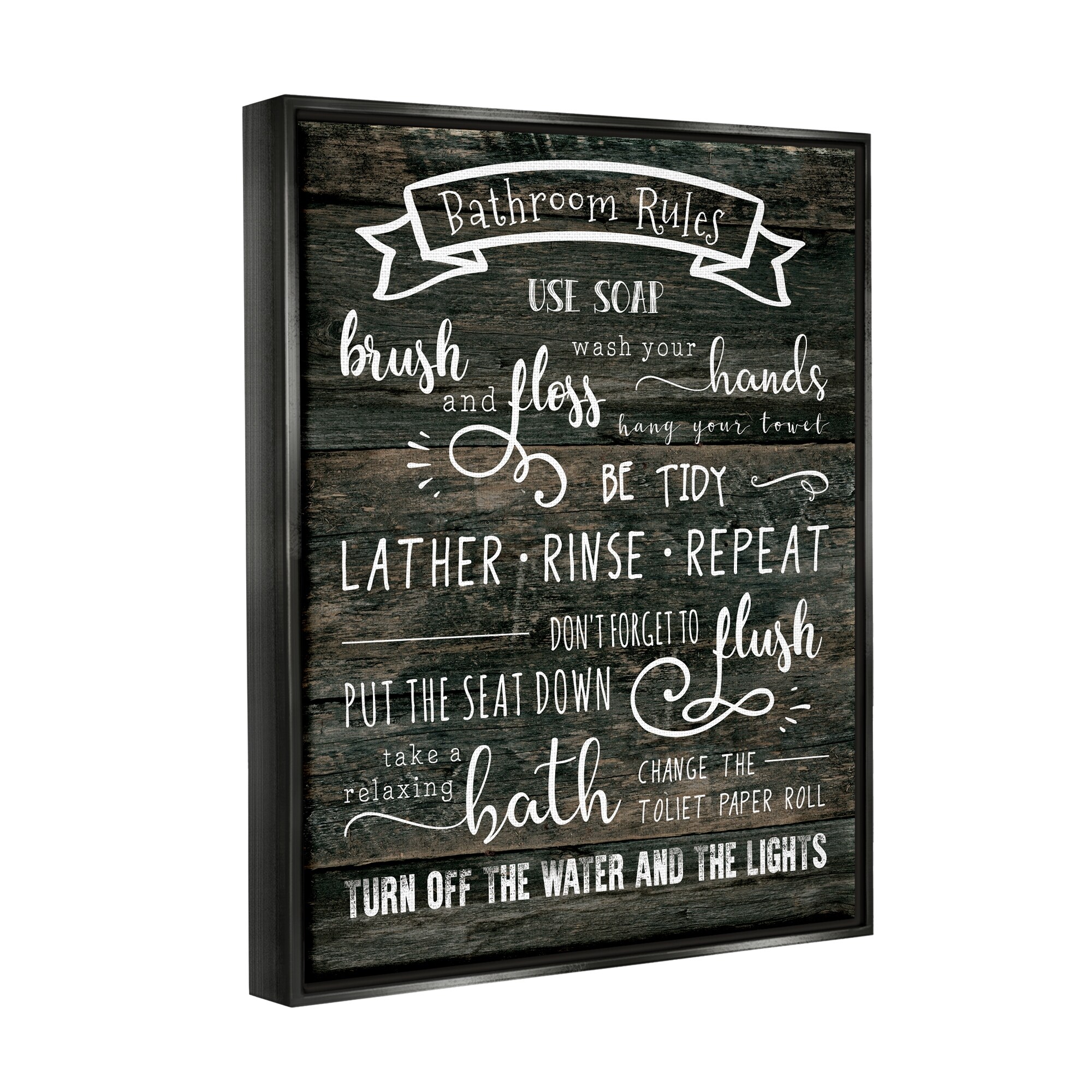 Stupell Industries Rustic Bathroom Rules Sign Good Hygiene List Jet Black Framed Floating Canvas Wall Art, 24x30, by CAD