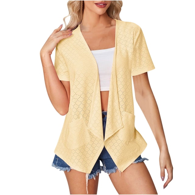 Timegard Short Sleeve Cardigans for Women Eyelet Open Front Lightweight Solid Color Casual Loose Tops