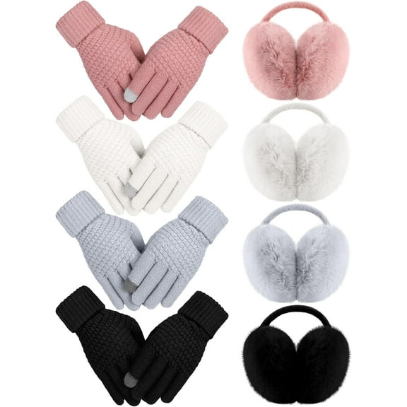 8 Pieces Winter Ear Muffs with Gloves Sets Women Include 4 Pcs Soft Fuzzy Outdoors Adjustable Earmuffs 4 Pairs of Warm Gloves in Cold Weather for Women Girls