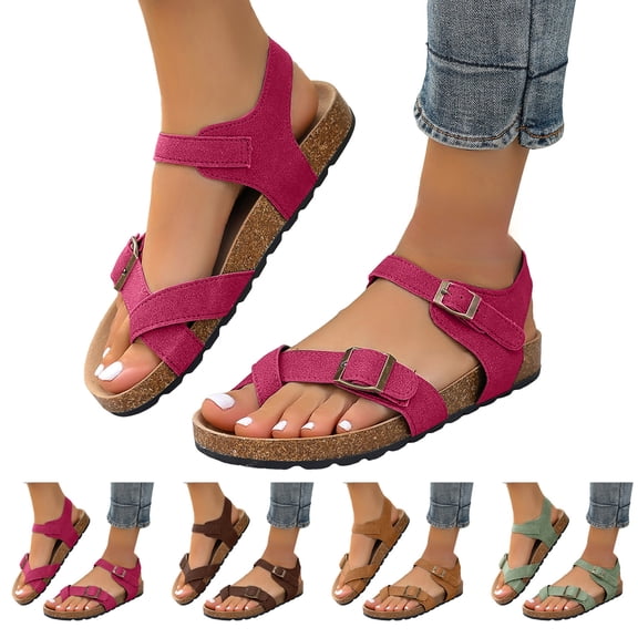 Pandaie Women's Thong Slide Sandals Cork Footbed Open Toe Summer Flip Flops Comfortable Slip on Slides Sandal with Ankle Buckles Strap Green 6