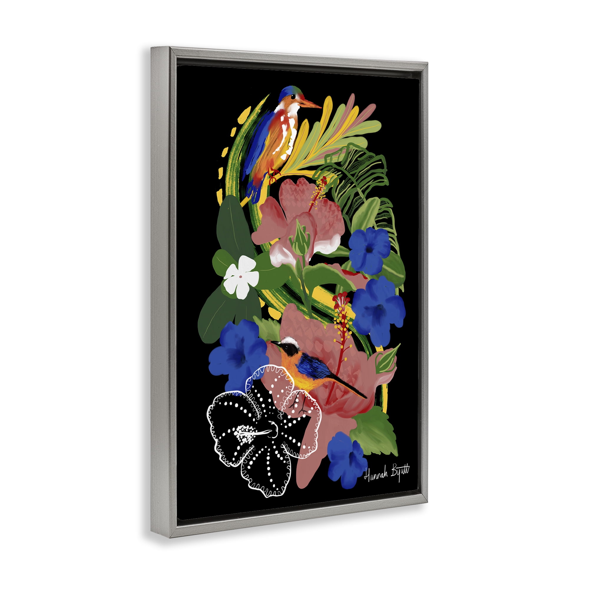 Stupell Industries Tropical Gambia Style Florals Animals Painting Gray Floater Framed Canvas Art Print Wall Art, 17 x 25