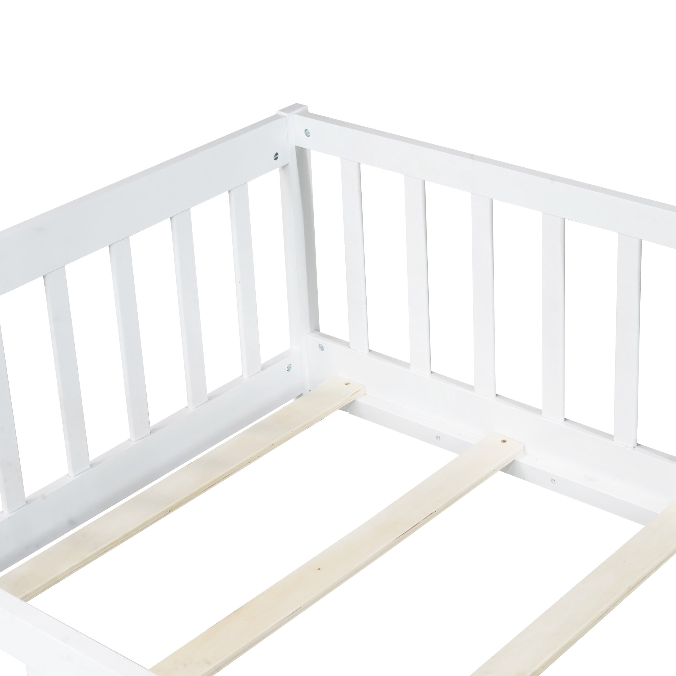 Noble House Mira Twin Floor Bed with Fence and Door, Sturdy Rubber Wood Montessori Bed Frame, Kid's Room, White