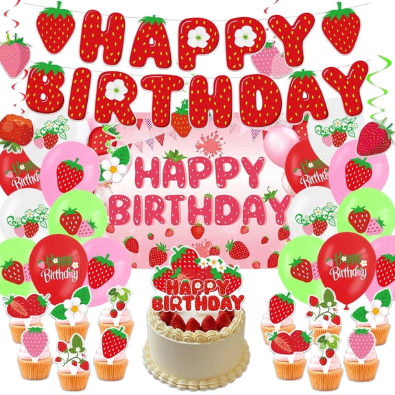 Strawberry Happy Birthday Party Decorations Set - Banner, Balloons, Backdrop, Cake Toppers Hanging Swirls for Berry Theme Birthday Party Supplies