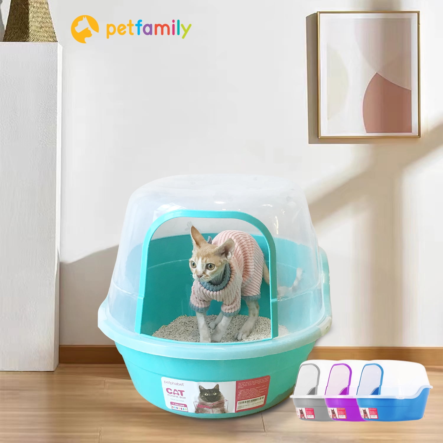 Petfamily Extra Large Cat Litter Box, Color Teal, Jumbo Hooded, 24.8 x 20 x 16.5 in