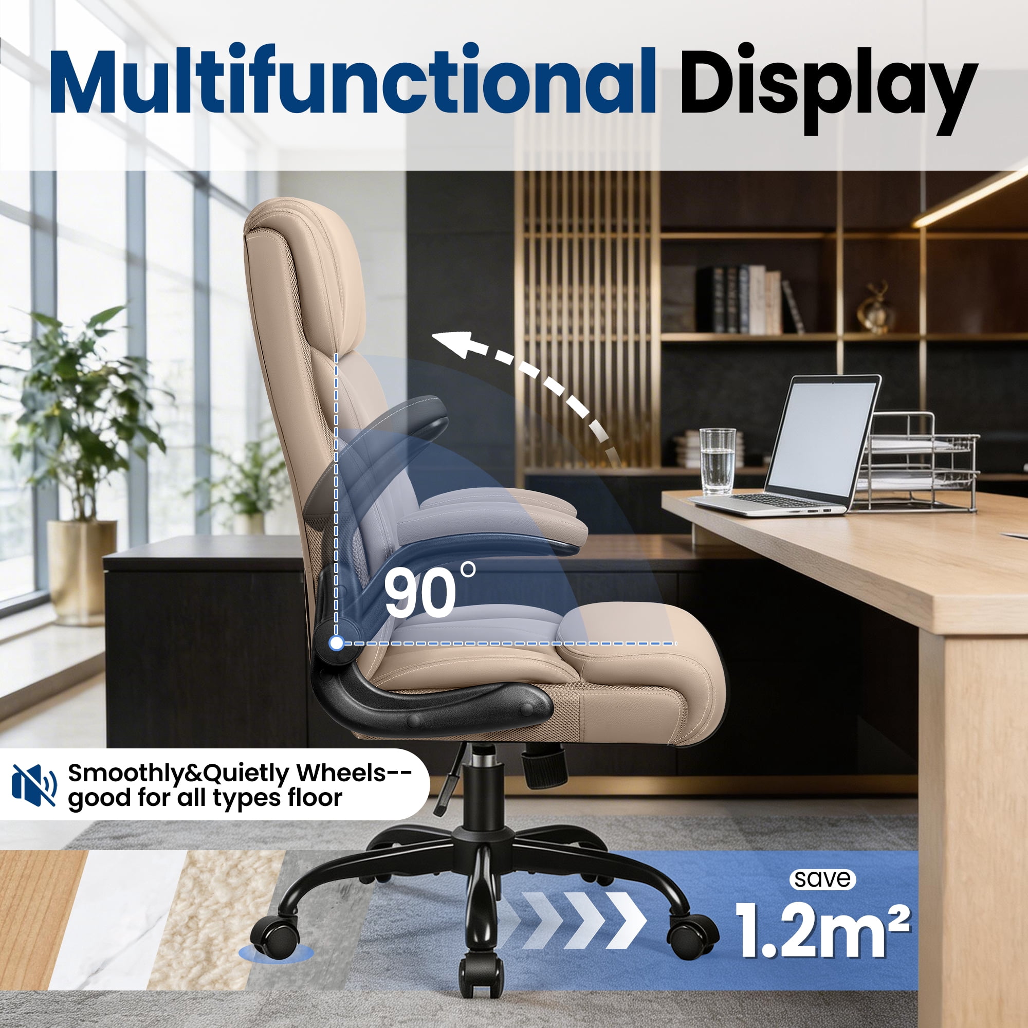 STACOO High Back Executive Office Chair 400lbs, Big and Tall Ergonomic Desk Chair with Lumbar Support & Flip-up Armrests, PU Leather Swivel Chair with Adjustable Height – Beige