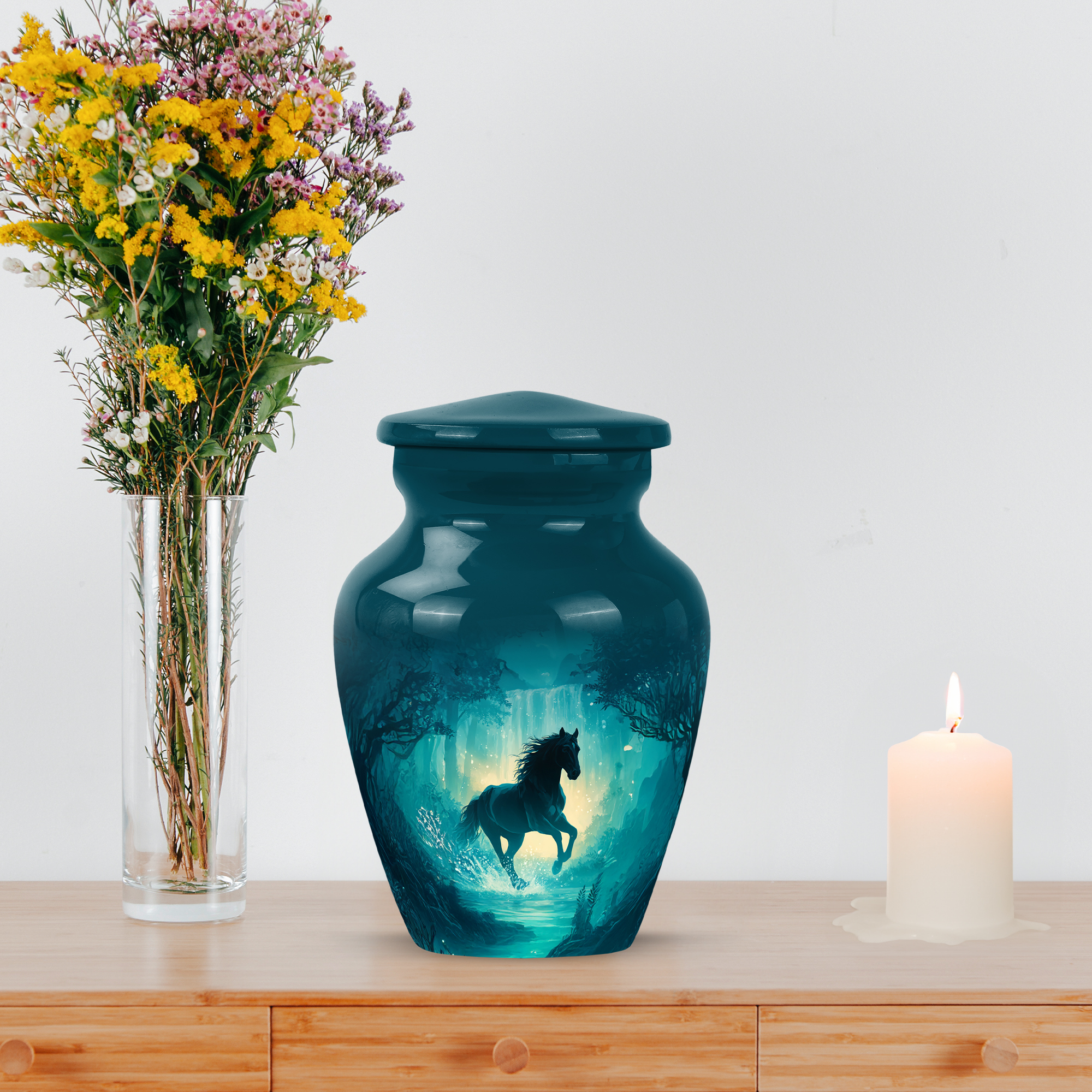 MUKTIVE Waterfall Mini Cremation Urns for Adult Male, Small Green Memorial Urns for Human Ashes Adult Man Funeral, Keepsake Horse Decorative Burial Urn, 3 Inch