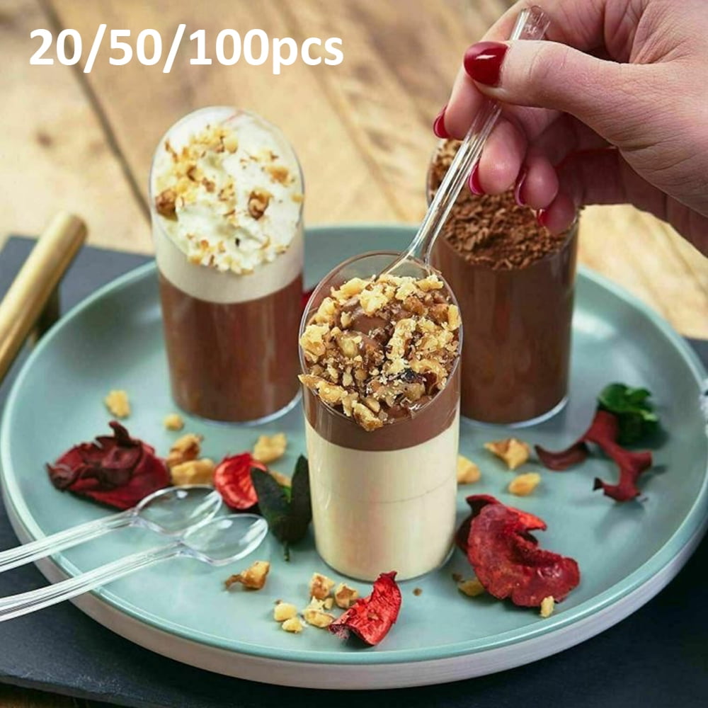 HOTBEST 20/50/100 Pieces Dessert Cups Spoons Disposable Slanted Plastic