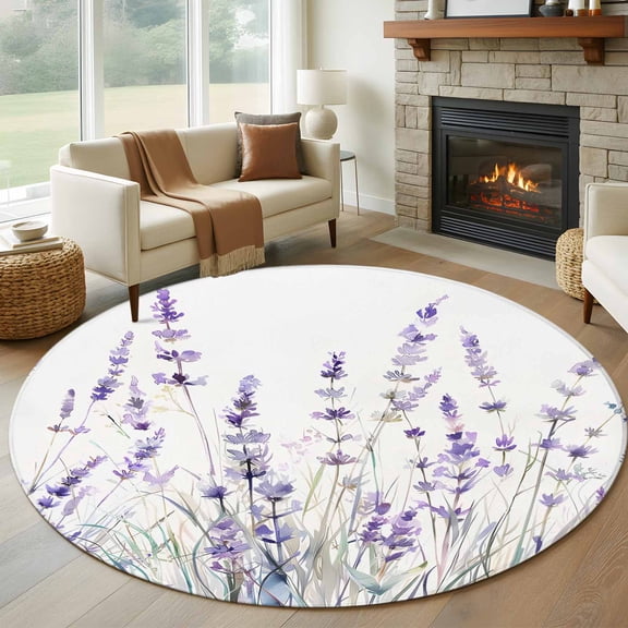 Round Rugs 5Ft, Lavender Floral Round Area Rug Washable Indoor Throw Carpet, Spring Flowers Botanical Plants Soft Non Slip Circle Rug for Cabinet Bathroom Home Decor Aesthetic