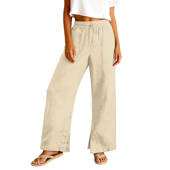 Resicozy Linen Pants Women Summer Lounge Beach Vacation Palazzo Trousers Travel Pant Comfy Plus Size Clothes with Pockets Beige XL