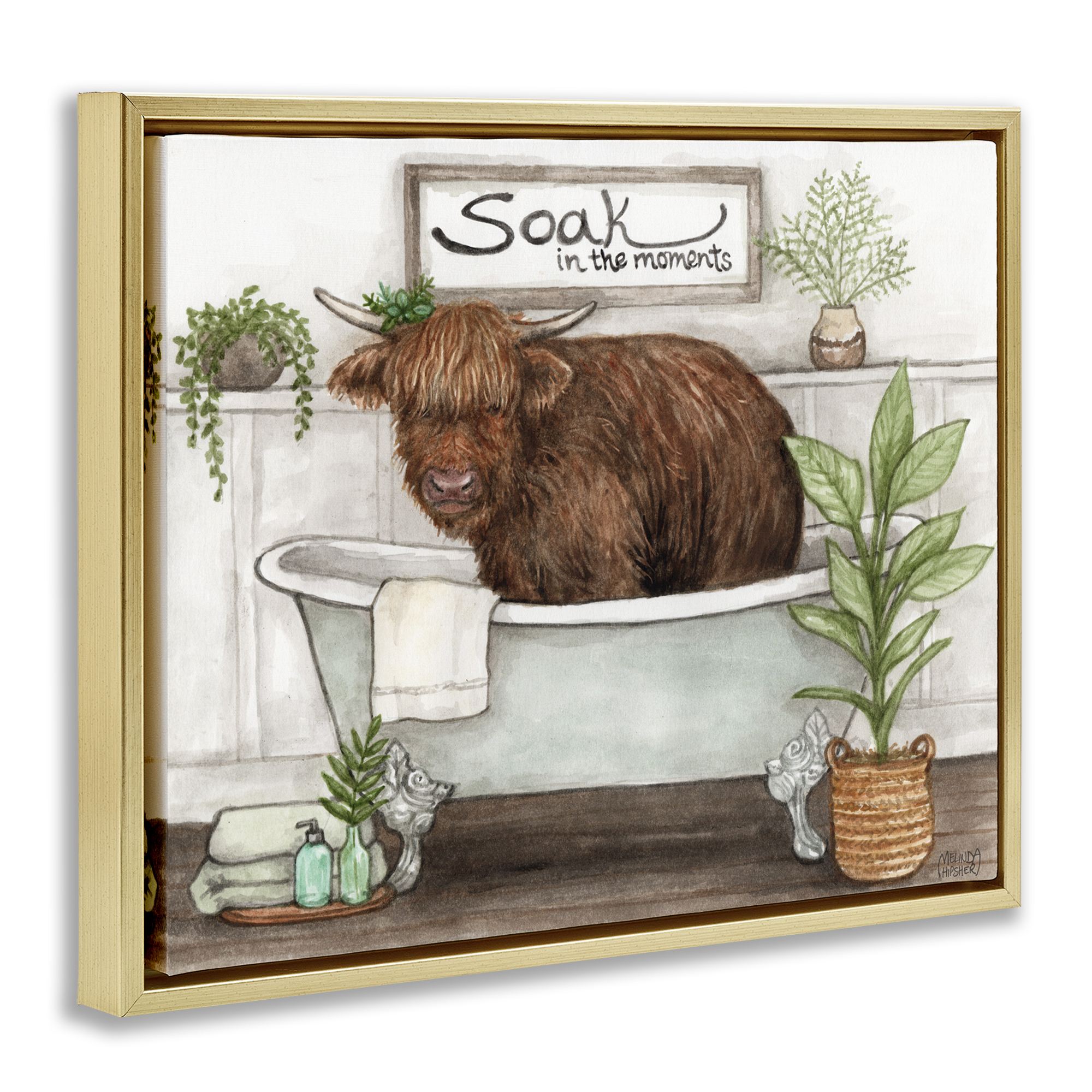 Soak In Moments Cattle Gold Framed Floater Canvas Wall Art, design by Melinda Hipsher