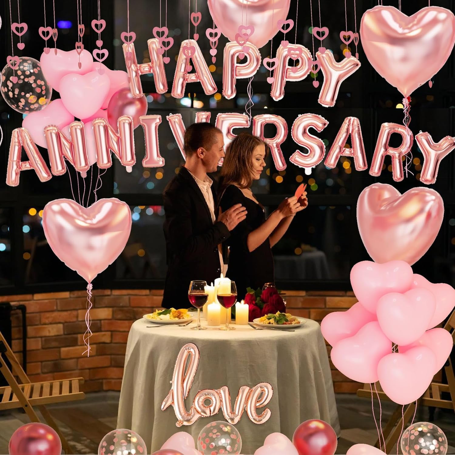 NestE - Anniversary Decorations, Happy Anniversary Balloons Banner, Pink Heart Balloons Heart Hanging String Pink Rose Petals for Wedding and Valentines Day Romantic