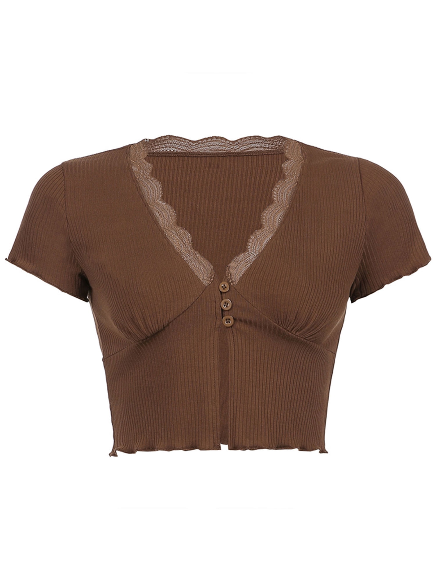 Sunsiom Women Short Sleeve Cardigan Lace Trim V-Neck Single-breasted T-Shirt, Women's, Size: Medium, Brown