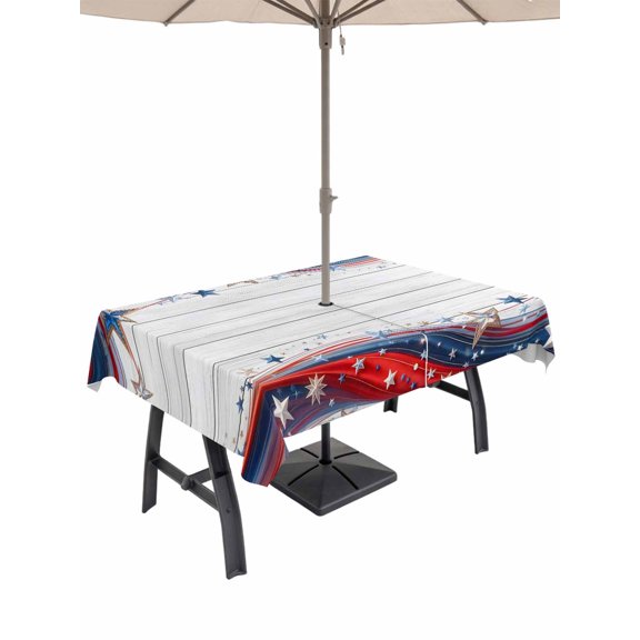 52x70 Inch Outdoor Tablecloth with Umbrella Hole Zipper Rectangle 250 Anniversary Rectangular Tablecloths Waterproof 4th of July Blue Red Striped Gray Wooden Patio Table Cloth Cover for Picnic