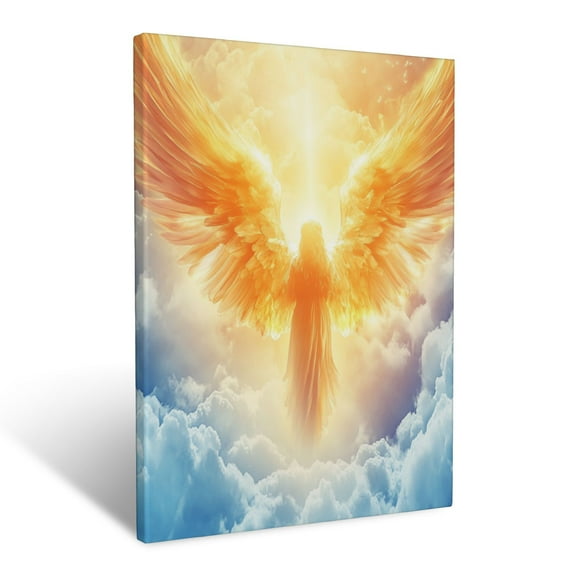 CozyNet Glowing Angel With Radiant Wings Standing Among Heavenly Clouds Wall Art Prints With Frame Canvas Perfect for Living Room & Bedroom, Ready to Hang, Wall Decor 12"x16"