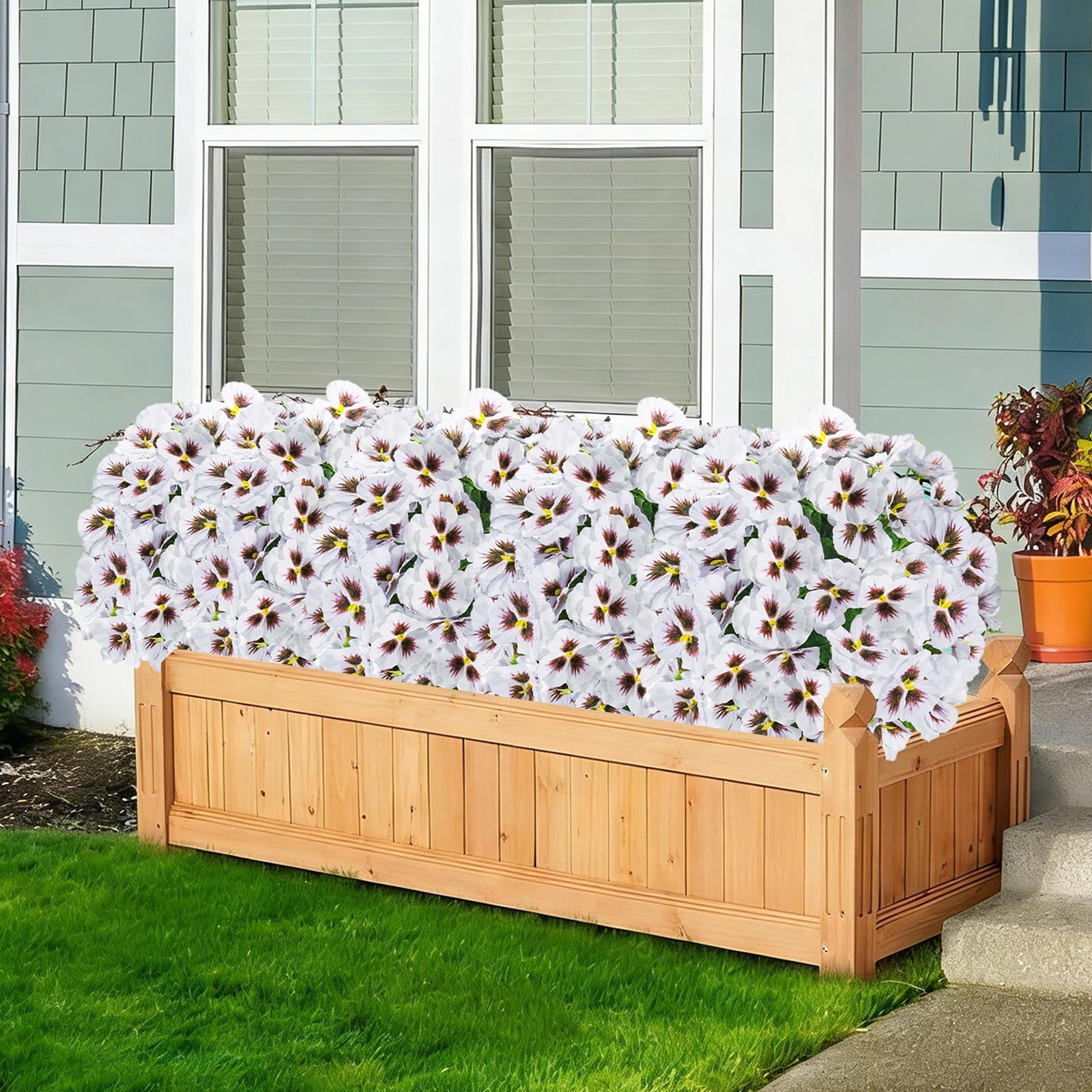 Taotanxi 15.7" Artificial Boxwood Topiary Ball with Flowers Plants with Ground Spikes for Outdoor UV Resistant Realistic Fake Bushes Plants for Garden Yard Front Porch Patio Decor (White)