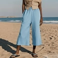 thumbnail image 6 of Bloomae Women Linen Pants Summer Wide Leg Capri Pants Elastic High Waist Loose Cropped Lounge Trousers Culottes with Pockets Sky Blue S, 6 of 9