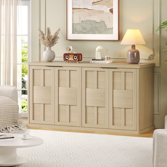 ChicZhiNest Sideboard Buffet Cabinet with 4 Fluted Doors & Shelves, 60" W Buffet Cabinet with Storage, Coffee Bar Kitchen Storage Cabinet for Bedroom Hallway Entryway, Natural Oak
