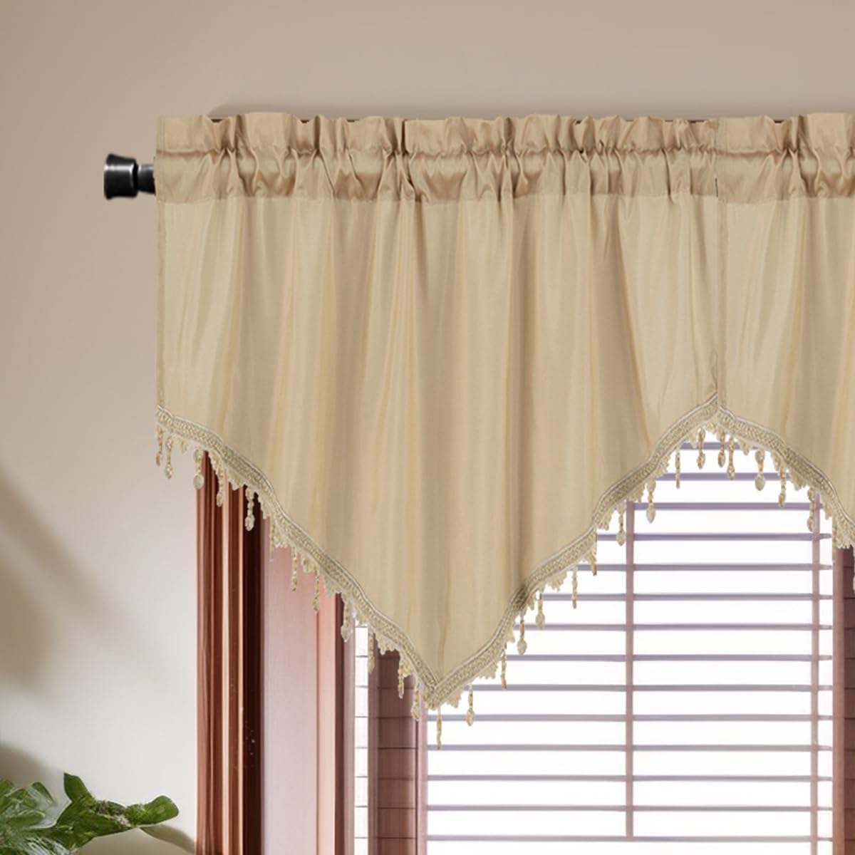 Zhuge Luxury Beaded Triangle Curtain Valances 3 Panels for Living Room Bathroom Cafe Laundry Basement Rod Pocket Half Blackout Short Window Valance Curtains (Beige,51"x23")