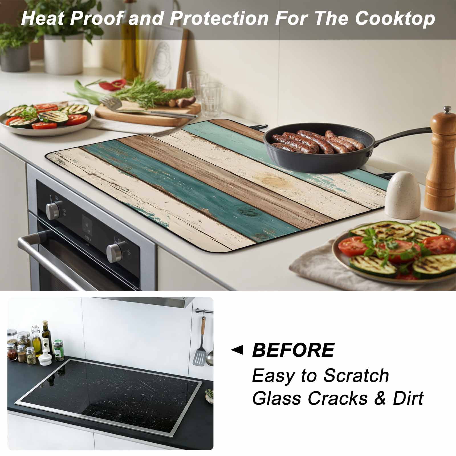 Farmhouse Teal Brown Stove Top Cover for Electric Stove, Heat-proof & Non Slip Glass Top Stove Cover Protector, Retro Ombre Wooden Kitchen Flat Cooktop Rubber Mat 24x21 Inches