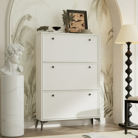 Modern and stylish white shoe cabinet with 3 flip drawers