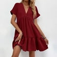 thumbnail image 2 of Dpytoraw Women's Ruffles Fresh And Sweet V Neck Solid Color Large Swing Casual Skirt Dress, 2 of 3