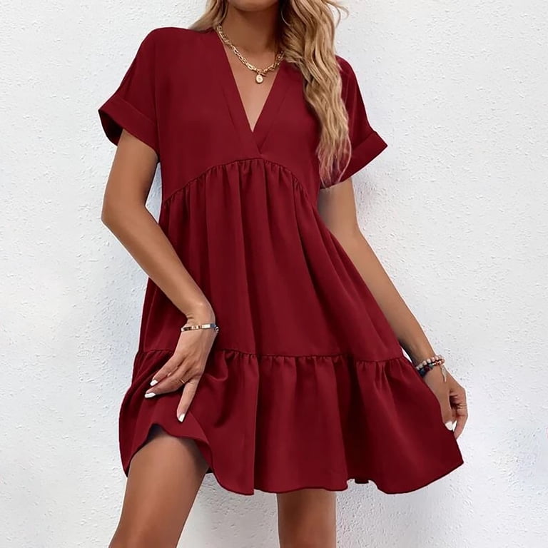 zaveiop Women's Roll up Short Sleeve V Neck Ruffle Hem Solid Swing Smock  Dress (, S) - Walmart.com
