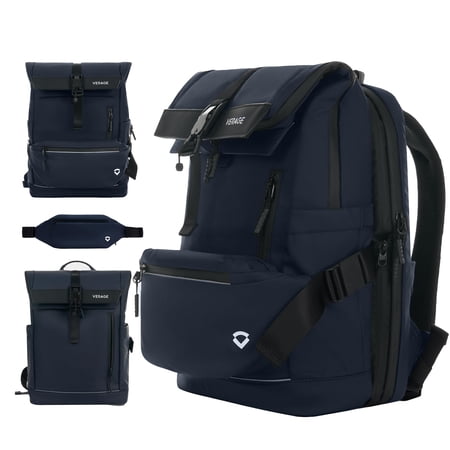 Verage Roll Top Laptop Backpack Waterproof PU Lather Travel Backpack Expandable Work Carry On Backpack for Men Women Blue One
